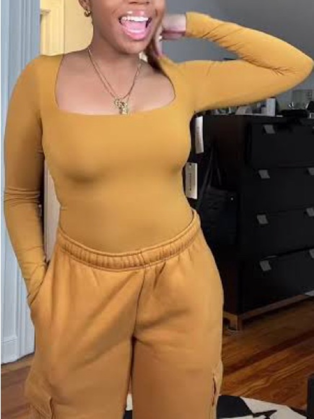 Aritzia Babaton Contour Squareneck Longsleeve Bodysuit - Copper Spice Yellow Top